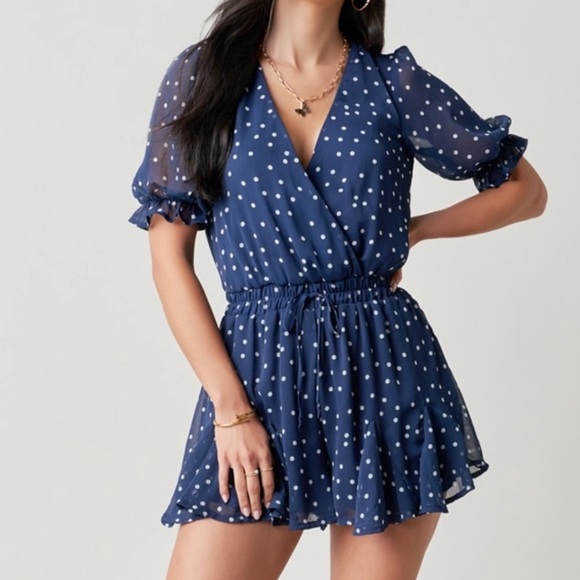 Francesca’s Collections Romper Small Blue Madelyn Polka Dot V Neck - Picture 2 of 9